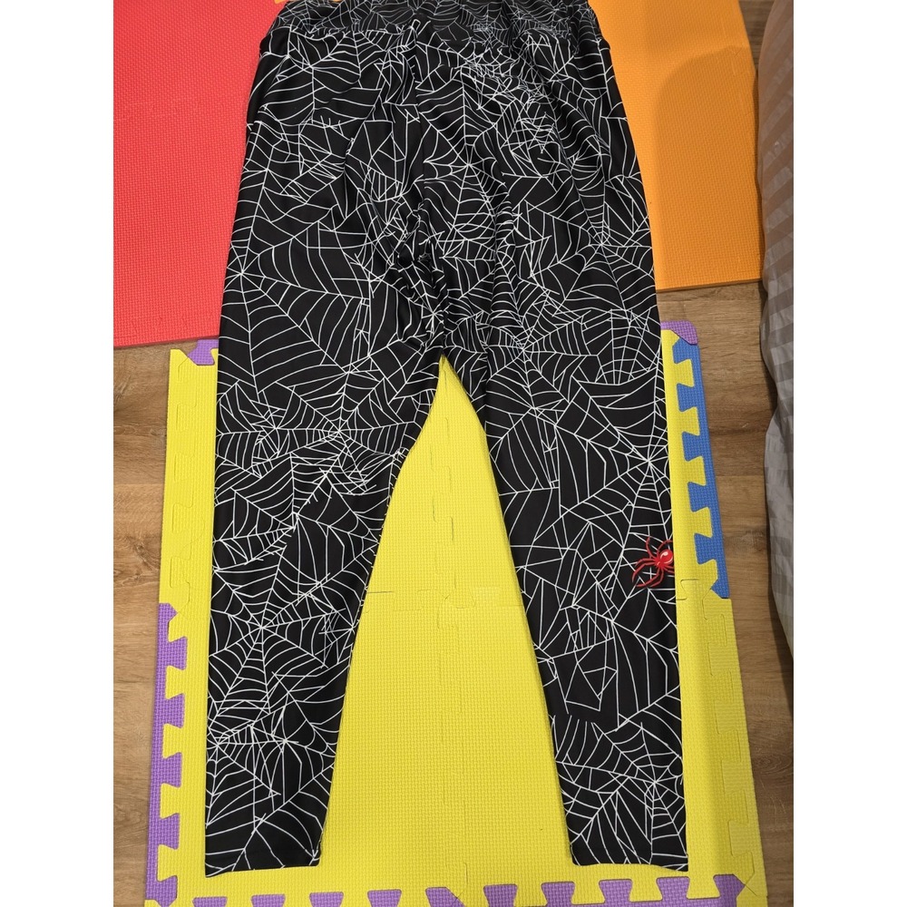 Spiderweb Print Black Leggings with Red Accent
